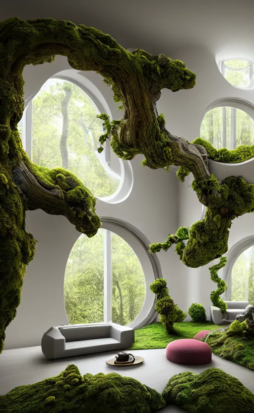 Image similar to highly detailed villa natural beautiful light interior soft cinematic composition of a smooth ceramic porcelain biomorphic magnolia stone nebula fluid sci - fi surreal colorful architecture landscape, furniture, granite, trees, marble, moss, lichen, fungi, vincent callebaut composition, mamou - mani, archviz, 8 k, unreal engine, hdr