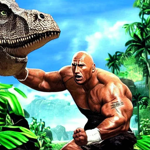 Prompt: “ dwayne johnson fighting dinosaurs in the jungle, playstation 2 graphics ”