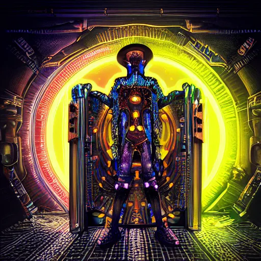 Image similar to symmetry!! a cyberpunk dogon priest opening a steampunk neon portal from within the void, alien cold fusion time machine, by machina infinitum and android jones, surreal psychedelic portrait style, dim lit, rim light, intricate and detailed environment, radiant lighting, fractal with infinite intricacy background, rendered in octane,