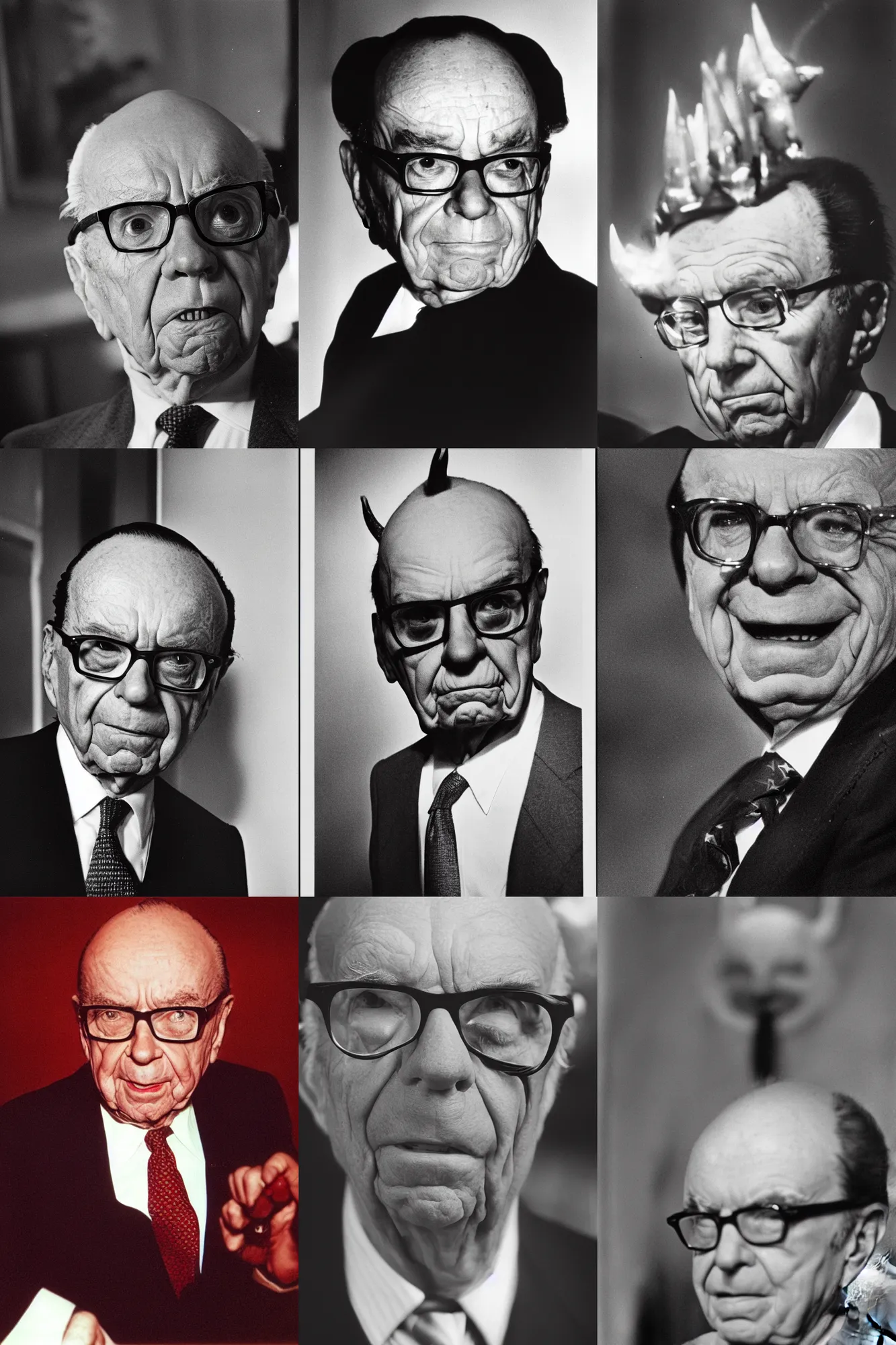 Prompt: Rupert Murdoch as the devil, portrait photograph, film grain