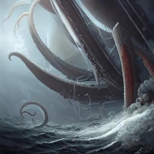 Prompt: a giant squid attacking a ship, its tentacles wrapping around the ship, the squids head peaking out of the water, trending on artstation, highly detailed, dramatic lighting