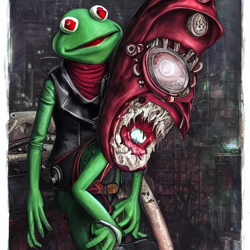 Prompt: High resolution DSLR photograph of Kermit The Frog as a vampire covered in blood Anime Bioshock steampunk realistic shaded lighting by katsuhiro otomo ghost-in-the-shell, magali villeneuve, artgerm, rutkowski Jeremy Lipkin and Giuseppe Dangelico Pino and Michael Garmash and Rob Rey