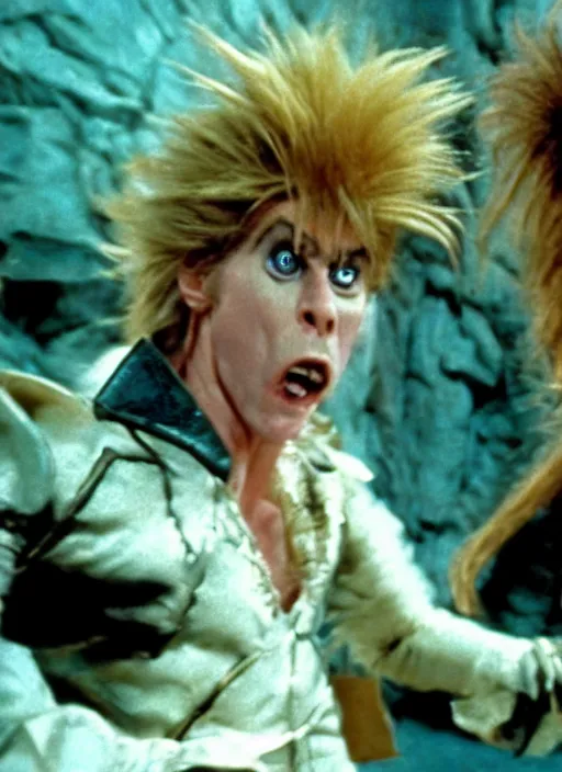 Prompt: a still from Labyrinth (1986) of Jareth intensely punching a goblin to death