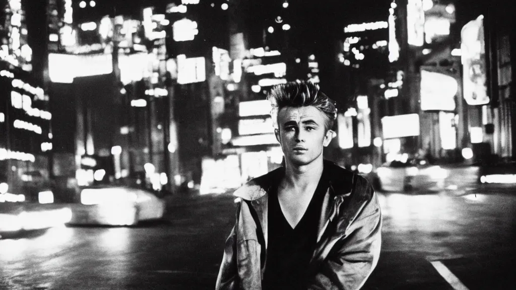 Prompt: portrait of James Dean in a cyberpunk cityscape with neon lights, Cinestill 800t film photo