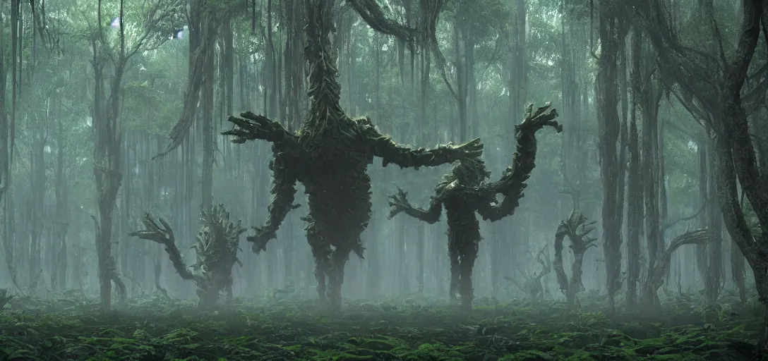 Image similar to a complex organic fractal 3 d metallic symbiotic ceramic humanoid megastructure creature in a swampy lush forest, foggy, cinematic shot, photo still from movie by denis villeneuve, wayne barlowe