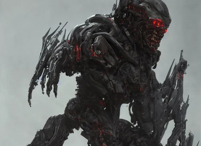 Image similar to willem dafoe as victor stone, full body concept, cyborg, borg, strogg, face of a man, terminator, flesh, quake strogg, doom demon, wolfenstein, monstrous, symmetry, symmetrical, concept art by ruan jia and greg rutkowski