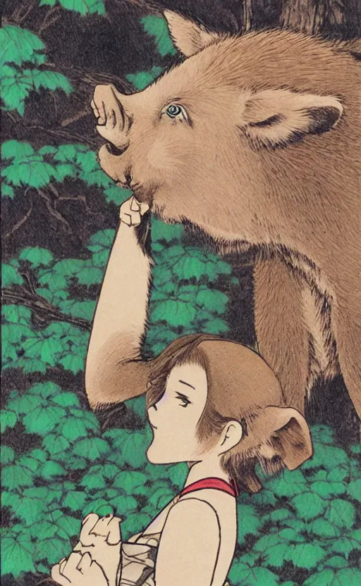 Prompt: by akio watanabe, manga art, a cub boar is curios about girl with brown hair, in forest, trading card front, kimono, realistic anatomy