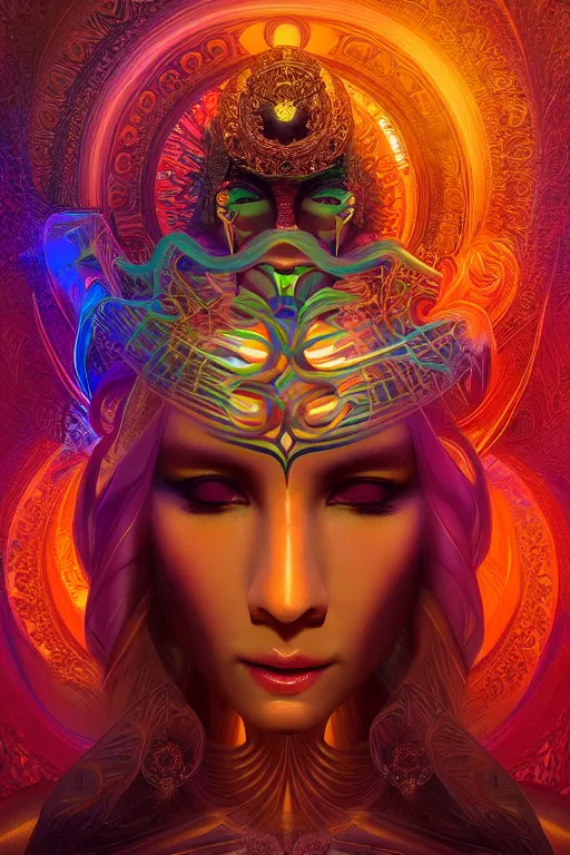 Image similar to a centered render of an alluring goddess wearing a psychedelic mask surrounded by a glorious sacred energy made from geometry and spiral mandel bulb fractals, powerful, cinematic, beautifully lit, by artgerm, by karol bak, 3 d, trending on artstation, octane render, 8 k