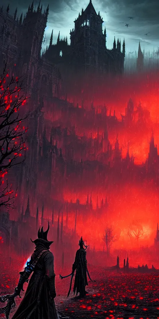 Image similar to populated bloodborne old valley with a dark person at the centre and a ruined gothic city in the background, trees and stars in the background, falling red petals, epic red - orange moonlight, perfect lightning, wallpaper illustration by niko delort and kentaro miura, 4 k, ultra realistic