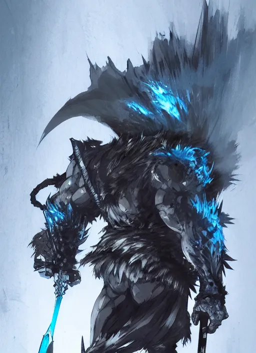 Prompt: Full body portrait of giant old gnoll warrior with a giant black blade, emanating with blue aura. In style of Yoji Shinkawa and Hyung-tae Kim, trending on ArtStation, dark fantasy, great composition, concept art, highly detailed, dynamic pose.