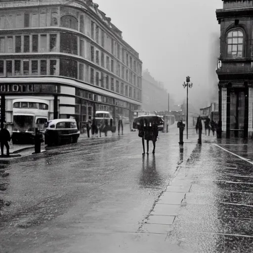 Image similar to A 1950s rainy street scene in London, black & white photograph