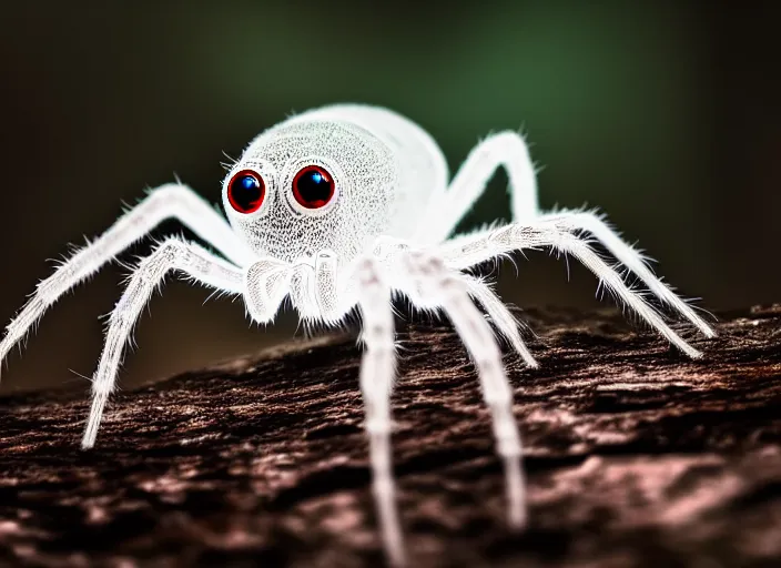 Image similar to ( white crystal - clear spider ) with ( huge red eyes ), in a ( foggy glowing forest ). highly detailed 8 k. intricate. lifelike. soft light. fantasy horror style. cinematic post - processing, dof.