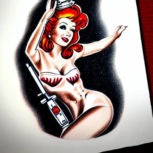 Prompt: photorealistic old school, traditional style tattoo sketch of most beautiful redhead pinup girl, full body portrait in space holding a lazer pistol and sitting on a rocket drawn by sailor jerry, vic james, electric martina, heath clifford, kimi vera