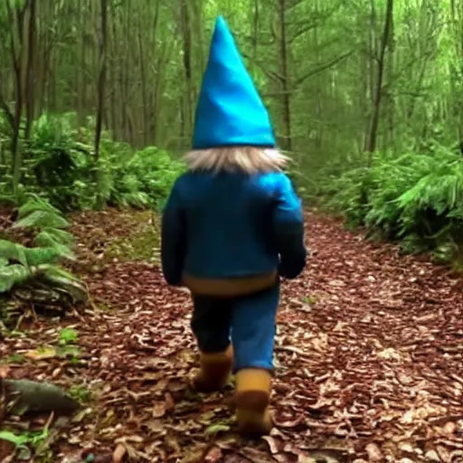 Image similar to bad quality screenshot of a leaked video of a small creature dressed as gnome walking through a forest trail, photo taken from far awar, bright camera flash, disturbing, very scary, realistic, very disturbing, ultrarealistic, 480p