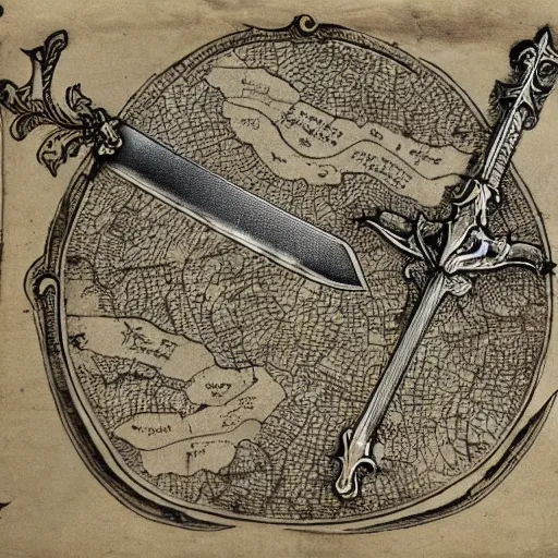 Image similar to a sword blade engraved with a medieval map design