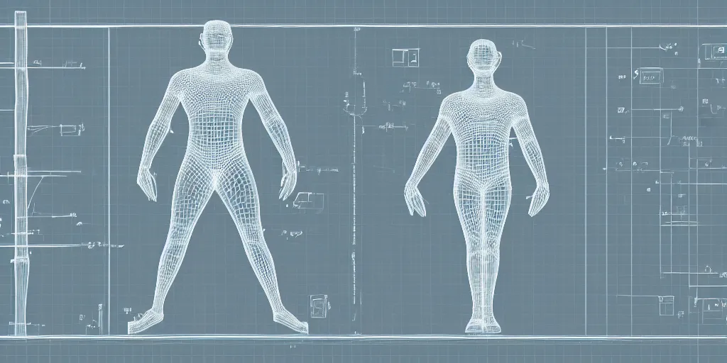 Image similar to highly detailed schematic, technical drawing, orthographic view, 3d wireframe, glowing vector, human body, blender screenshot