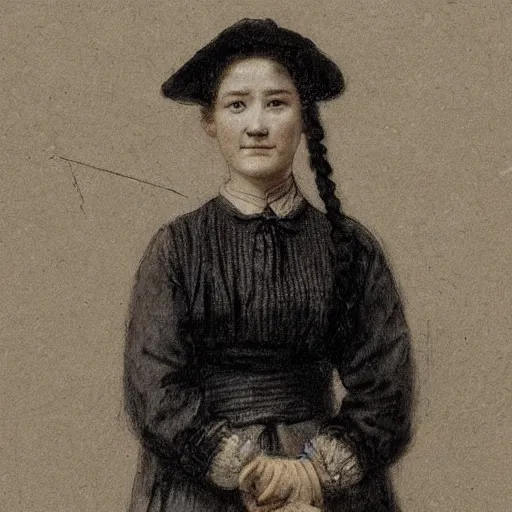 Prompt: a sadly smiling black haired, young hungarian village maid from the 19th century who looks very similar to Lee Young Ae with a two french braids, detailed, sketch by Rembrandt, Csók István and da Vinci