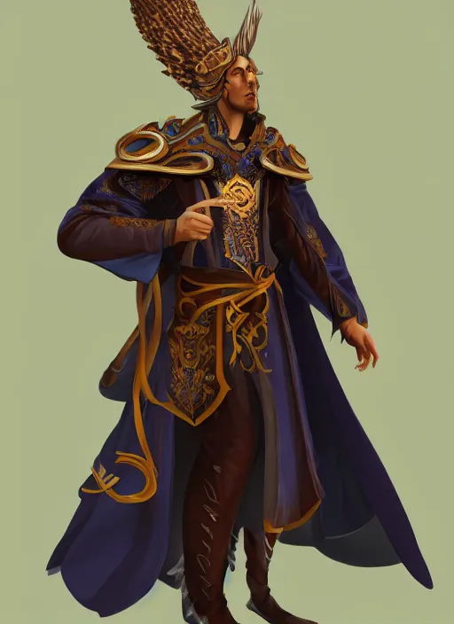 Image similar to male warlock with the head of a hawk, wind magic, blue robes, exquisite details, full body character design, white background, by studio muti