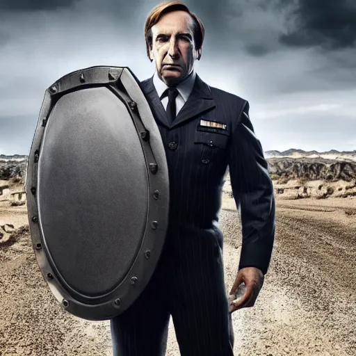 Image similar to Saul Goodman wearing heavy military gear and holding a bulletproof shield, highly detailed, 4k