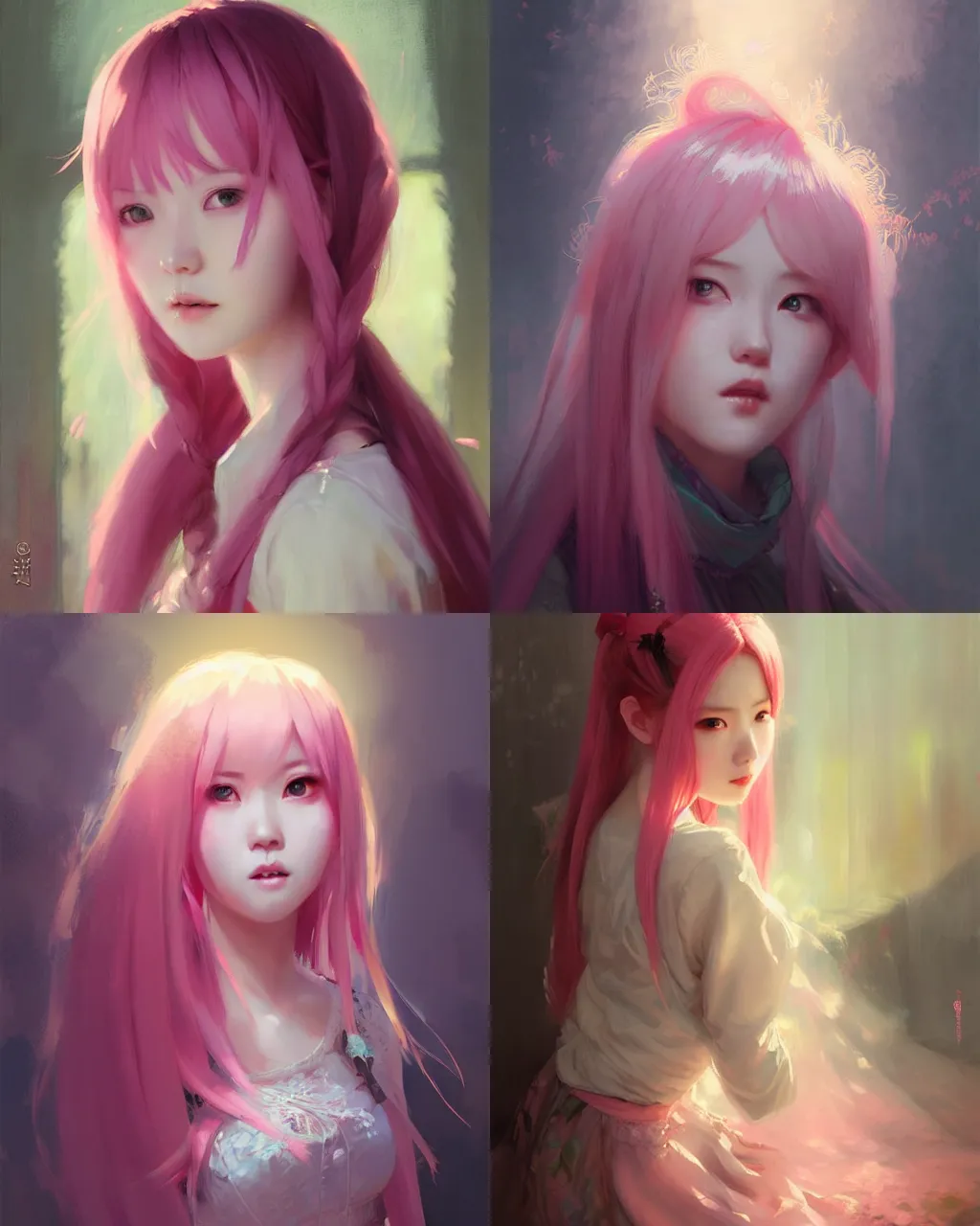 Prompt: girl with pink hair and lace skirt, oriental face style, portrait, illustration, rim light, top light, perfectly shaded, soft painting, art by krenz cushart and wenjun lin
