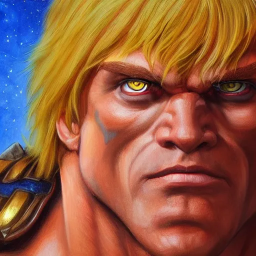 Image similar to portrait painting of he - man, ( art by kenne gregoire ), 4 k,, highly detailed, epic lighting