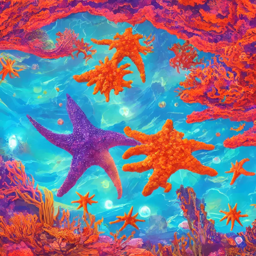 Image similar to album art, anime visuals, of an alien planet made out of different coloured corals, with big starfish, creatures, rocky landscape, floating waterfalls, omni magazine