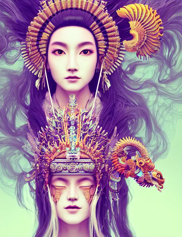 Image similar to 3 d goddess close - up profile portrait with crown, ram skull. beautiful intricately detailed japanese crow kitsune mask and clasical japanese kimono. betta fish, jellyfish phoenix, bio luminescent, plasma, ice, water, wind, creature, artwork by tooth wu and wlop and beeple and greg rutkowski