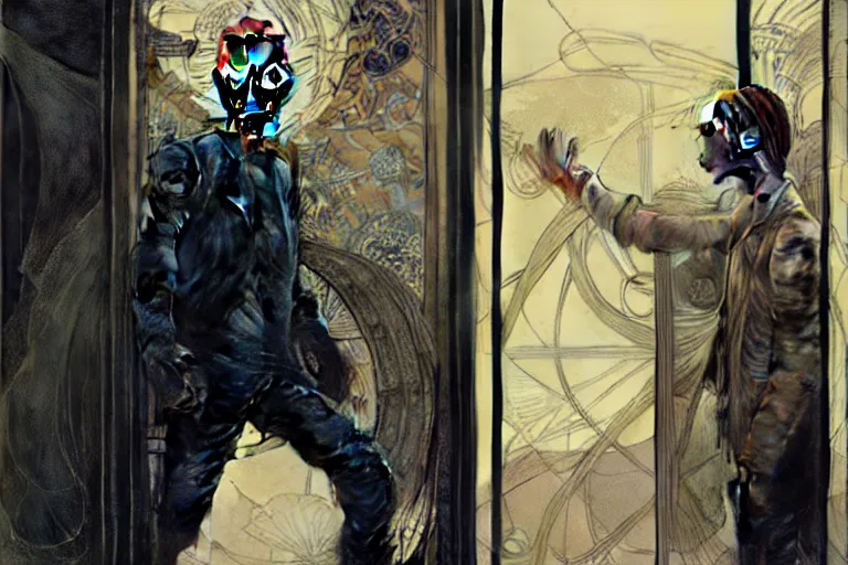 Image similar to hyper realistic portrait of thom yorke singer songwriter, side, opening a door, reflections, by lee bermejo, alphonse mucha and greg rutkowski