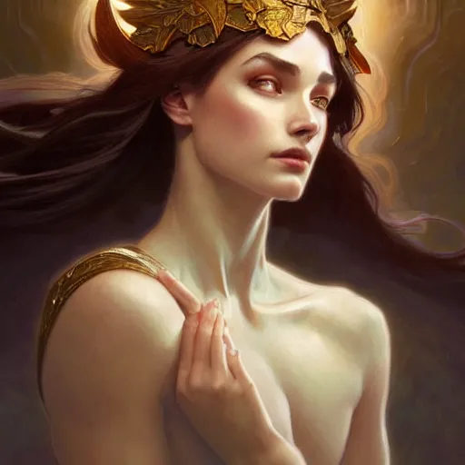 Image similar to portrait of a goddess of elemental lightning, half body, perfect face, d & d, fantasy, intricate, elegant, highly detailed, digital painting, artstation, concept art, smooth, sharp focus, illustration, art by artgerm and greg rutkowski and alphonse mucha