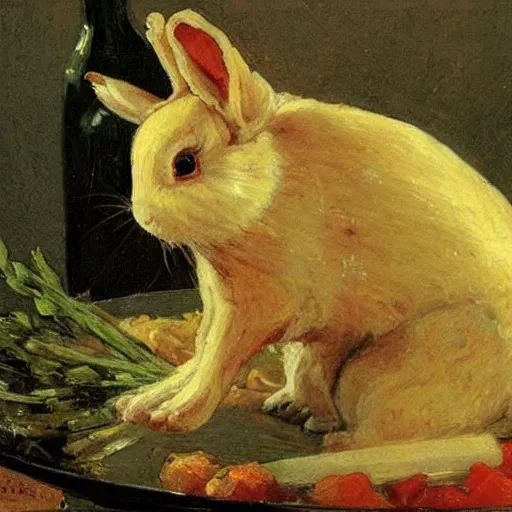 Image similar to a rabbit cooking pasta, in the style of ilya repin