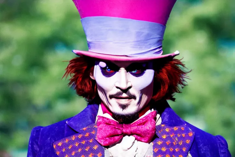 Image similar to cinematic still of deranged johnny depp playing the mad hatter in willy wonka & the chocolate factory film directed by tim burton, movie still, long lens, shallow depth of field, bokeh, anamorphic lens flare
