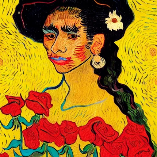 Image similar to beautiful tan mexican woman, dancing in a field of roses, prominent rosy cheek bones, black hair and brown eyes, van gogh art style,