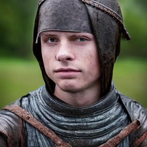 Image similar to Young medieval squire with medieval clothes. Standing in the mud. Face closeup. Hyper realistic photo.