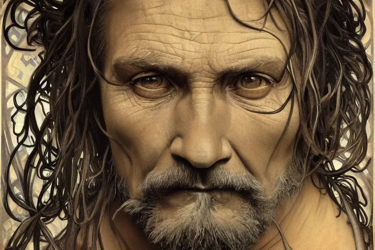 Image similar to painted closeup portrait of tree man, masculine, fierce, charming, majestic, fantasy, intricate, elegant, extremely detailed digital painting, concept art, sharp focus illustration art by alphonse mucha by chuck close, charcoal on canvas