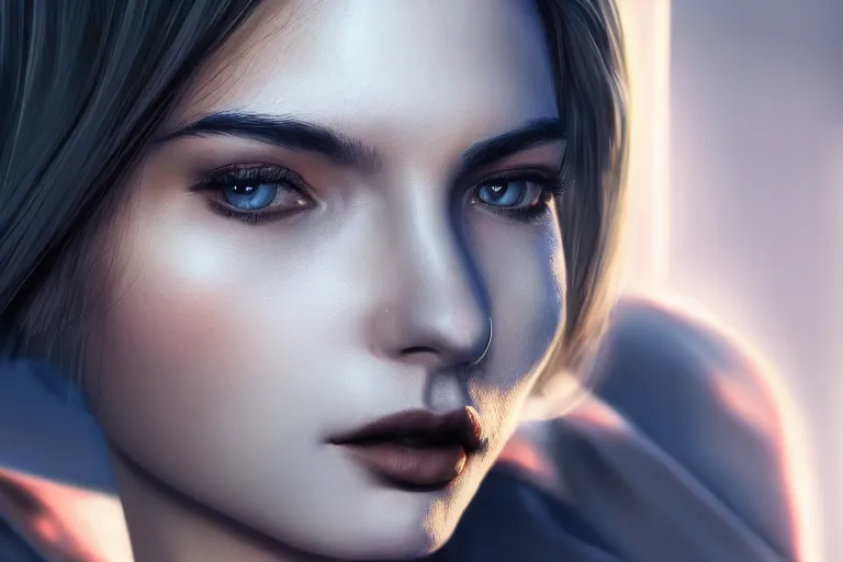 Image similar to hyperrealistic close up portrait of stunningly beautiful 20 year old female, proportionate face, lit by dawn light, cyberpunk city on background, trending on artstation