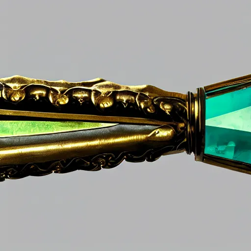 Image similar to photograph of a large green and teal crystal sword with a gold sword hilt