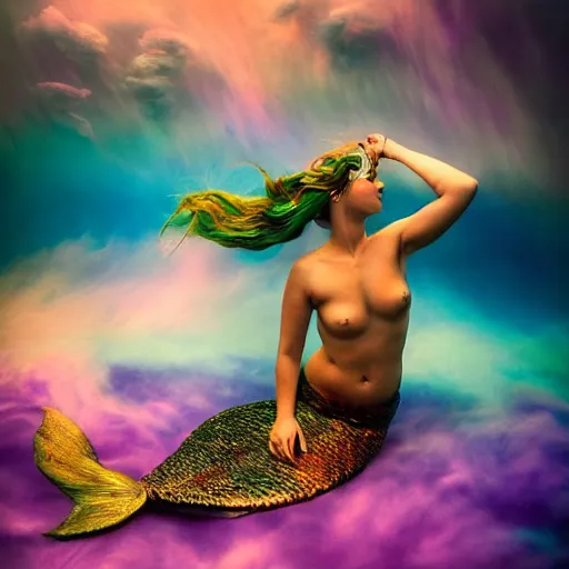 Prompt: film photography of a two tailed mermaid floating in front of colourful underwater clouds by Kim Keever, low shutter speed, 35mm, intricate, highly detailed