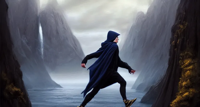 Image similar to handsome mage running away from giant condor, black hair wearing square hooded gothic navy cloak with gold details, misty cliffside, movie action still frame, ultra wide horizon, intricate, elegant, highly detailed, hyperrealism, digital painting, concept art, smooth, sharp, focus, illustration, art by artgerm, greg rutkowski, ilya kuvshinov