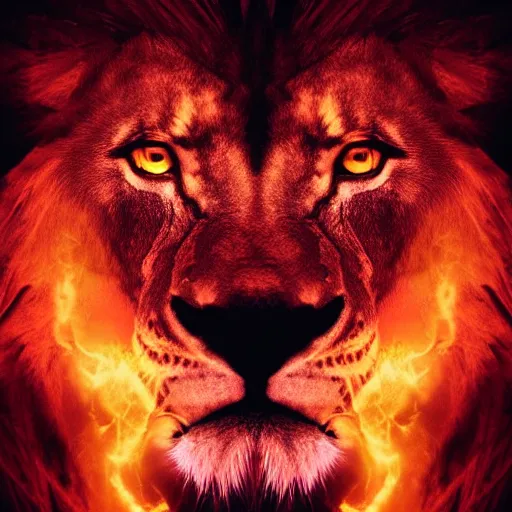 Prompt: anonymous lion face, closeup of face, volumetric lighting, face encircled by fire, crimson - black color scheme, intricate detail, award winning epic cinematic composition, photorealistic