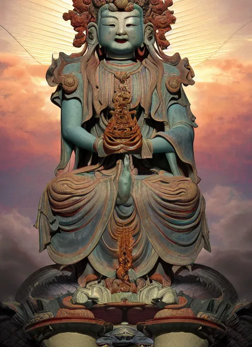 Image similar to guanyin stand on big loutus, a godness of the southern seas, a realistic setting with muted colors, visual novel cover, by yoshitaka amano, zeng fanzhi, jane hamilton, tiffany studios, sunrays shine uponit, frostbite 3 engine, cryengine, dof, trending on artstation, digital art, fantasy detailed background