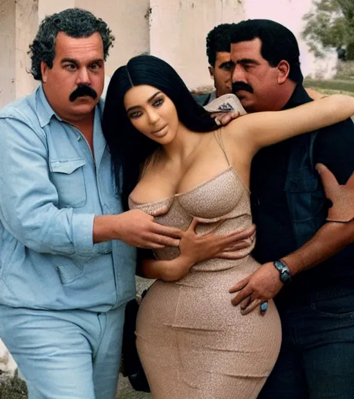 Image similar to Pablo Escobar hugging kim kardashian & kylie Jenner in a derelict mafia mansion