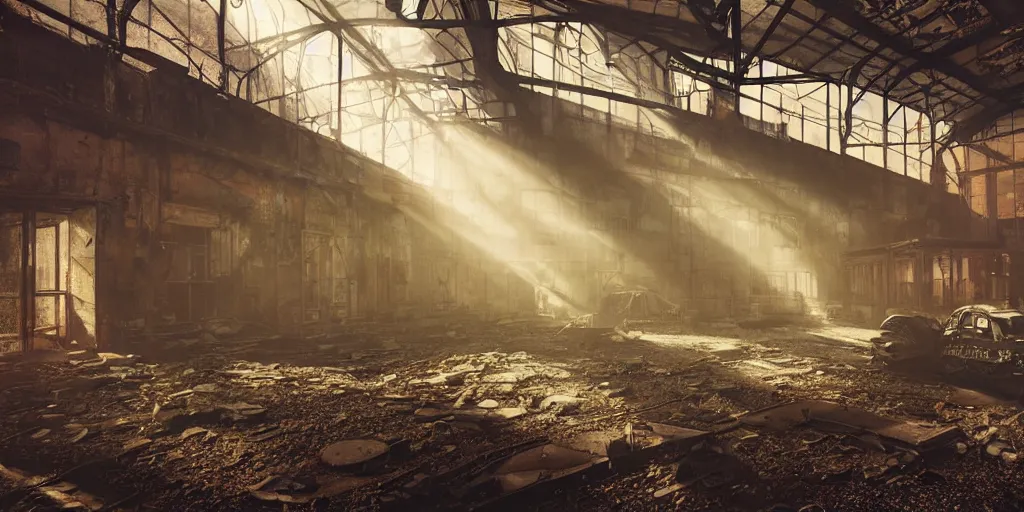 Image similar to fallout 5, indoors dilapidated partially ruined factory interior, rusted machinery, atmospheric lighting, painted, intricate, volumetric lighting, beautiful, daytime, sunny weather, slight overcast, golden hour, sharp focus, deep colours, ultra detailed, by leesha hannigan, ross tran, thierry doizon, kai carpenter, ignacio fernandez rios