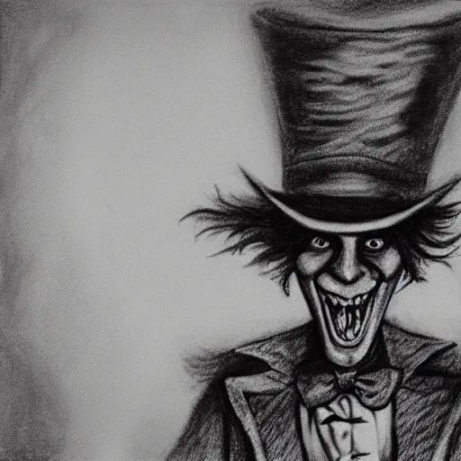 Image similar to horrifying charcoal drawing of the mad-hatter-willie-wonka-babadook