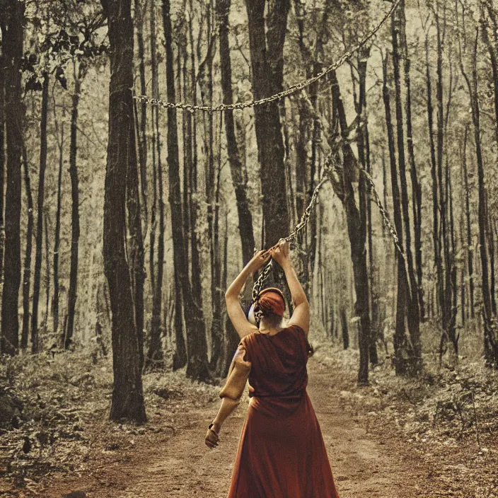 Prompt: a woman carrying chains, in a forest, by Charlotte Grimm, CANON Eos C300, ƒ1.8, 35mm, 8K, medium-format print