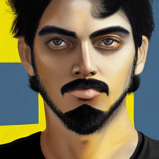 Image similar to ultra realistic illustration, man with black hair, in a checkered yellow and black shirt, with blue eyes, highly detailed, digital painting, artstation, concept art, smooth, sharp focus, illustration