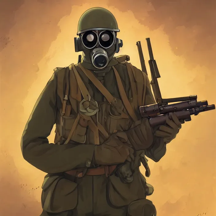 Prompt: portrait of a ww 1 german soldier with gas mask and rifle sprinting towards us, glowing eyes, epic lighting, in the style of artgerm and charlie bowater and atey ghailan and mike mignola, vibrant colors and hard shadows and strong rim light, comic cover art, plain background, trending on artstation