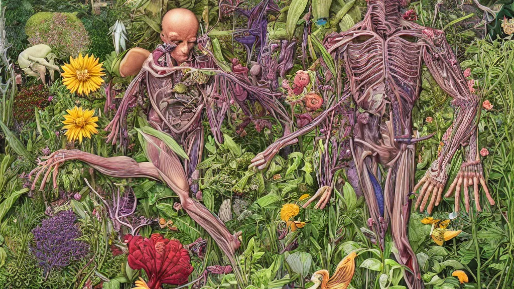 Image similar to highly detailed illustration of a single human anatomy body surrounded by all the known species of plants and flowers by juan gatti, by moebius!, by oliver vernon, by joseph moncada, by damon soule, by manabu ikeda, by kyle hotz, by dan mumford, by kilian eng