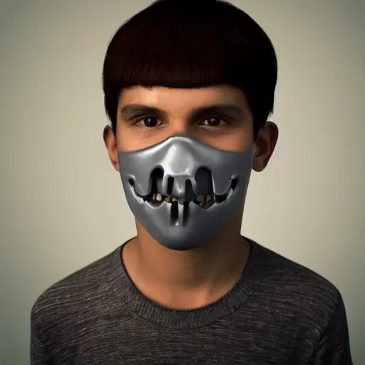 Prompt: 3d render of a teenage boy with a skull mask, white background, creepy