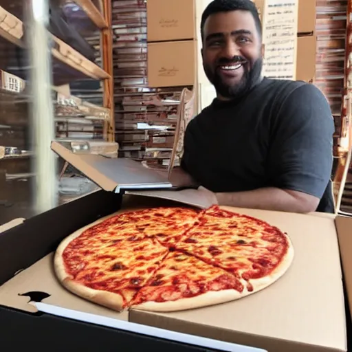 Image similar to Marques Brownee unboxing a Laptop shaped pizza