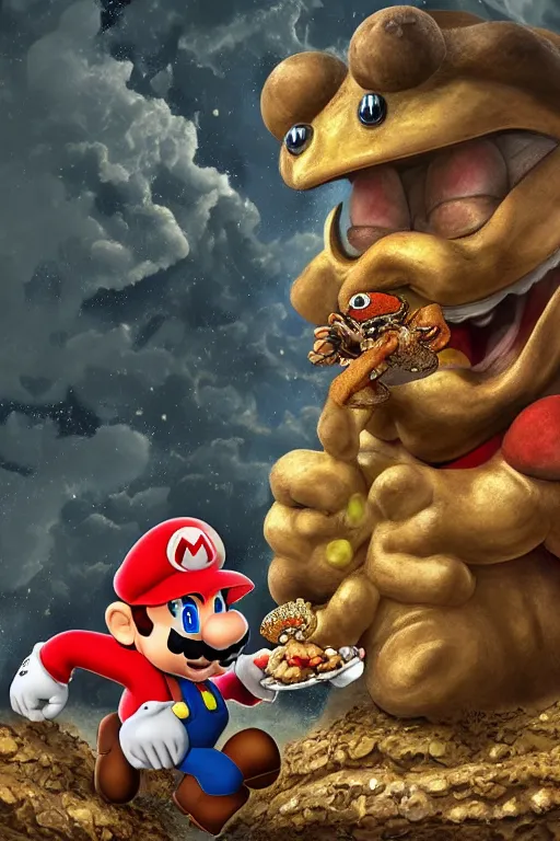 Prompt: mario eating toad in the style of saturn devouring his son, canvas painting, digital art, crumbling plaster, extremely detailed, photoshop, trending on artstation